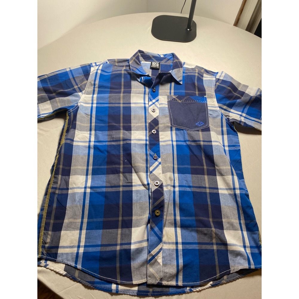 Enyce Sean Combs Co Mens Blue Plaid Short Sleeve Button Down Shirt Large